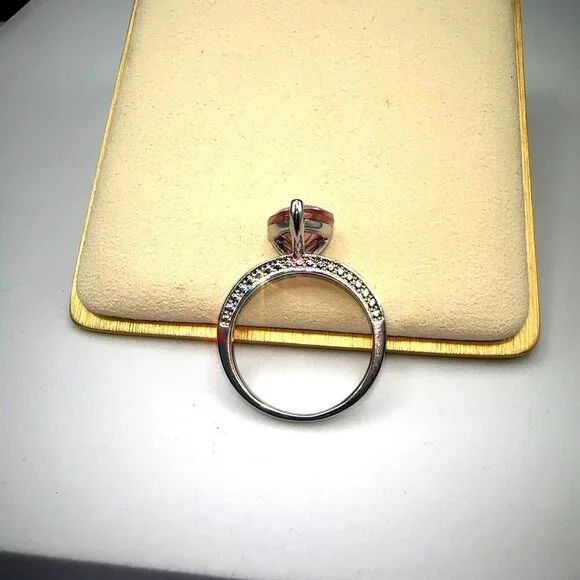 Pink Cubic Zirconia Heart Cut Ring Silver Tone Size 7 - Picture 8 of 9